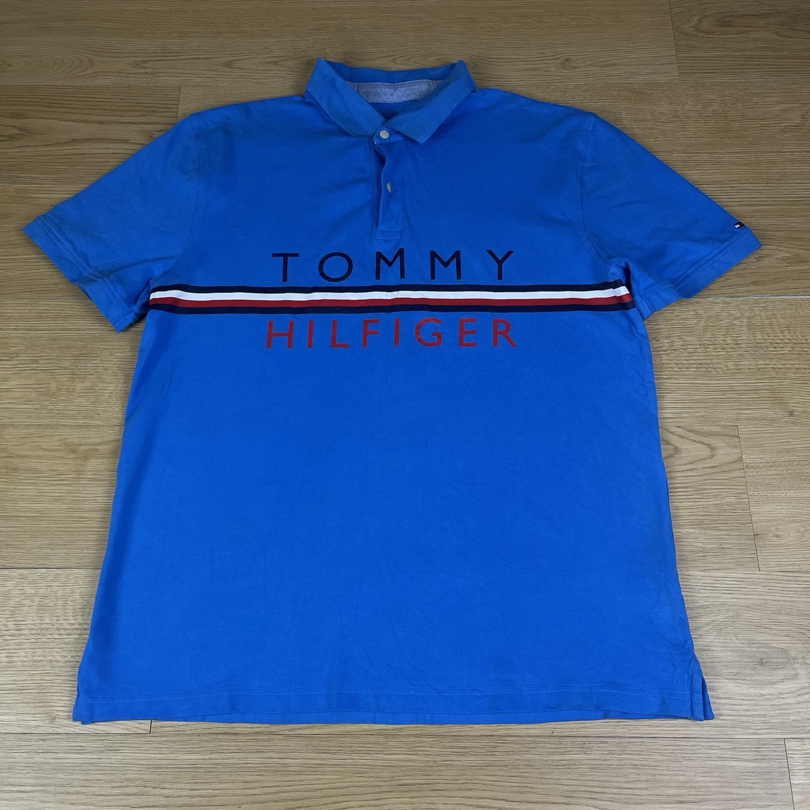 Tommy Hilfiger Blue Logo Stripe Spellout Polo Shirt Custom Fit Casual Tee XL