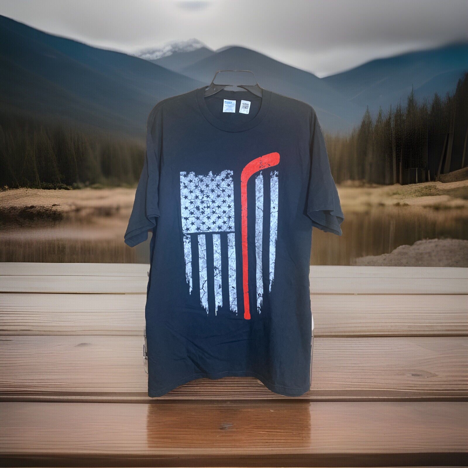 Mens X Large Tee Black T-Shirt Hockey American Flag Graphic Tee Sports 46” Chest