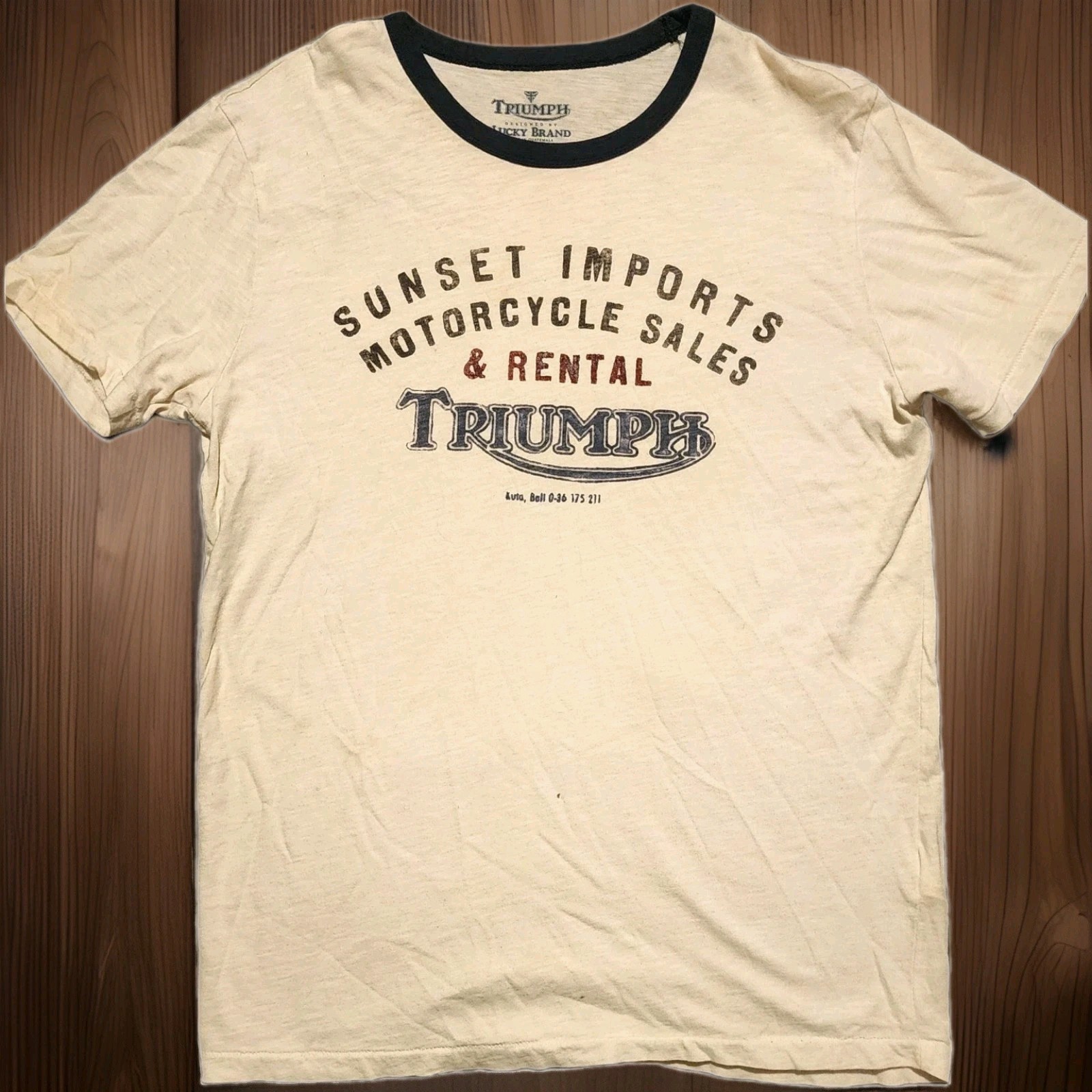 VTG 2011 Lucky Brand x Triumph “Sunset Imports” Dlb Sided Ringer Tee Medium RARE