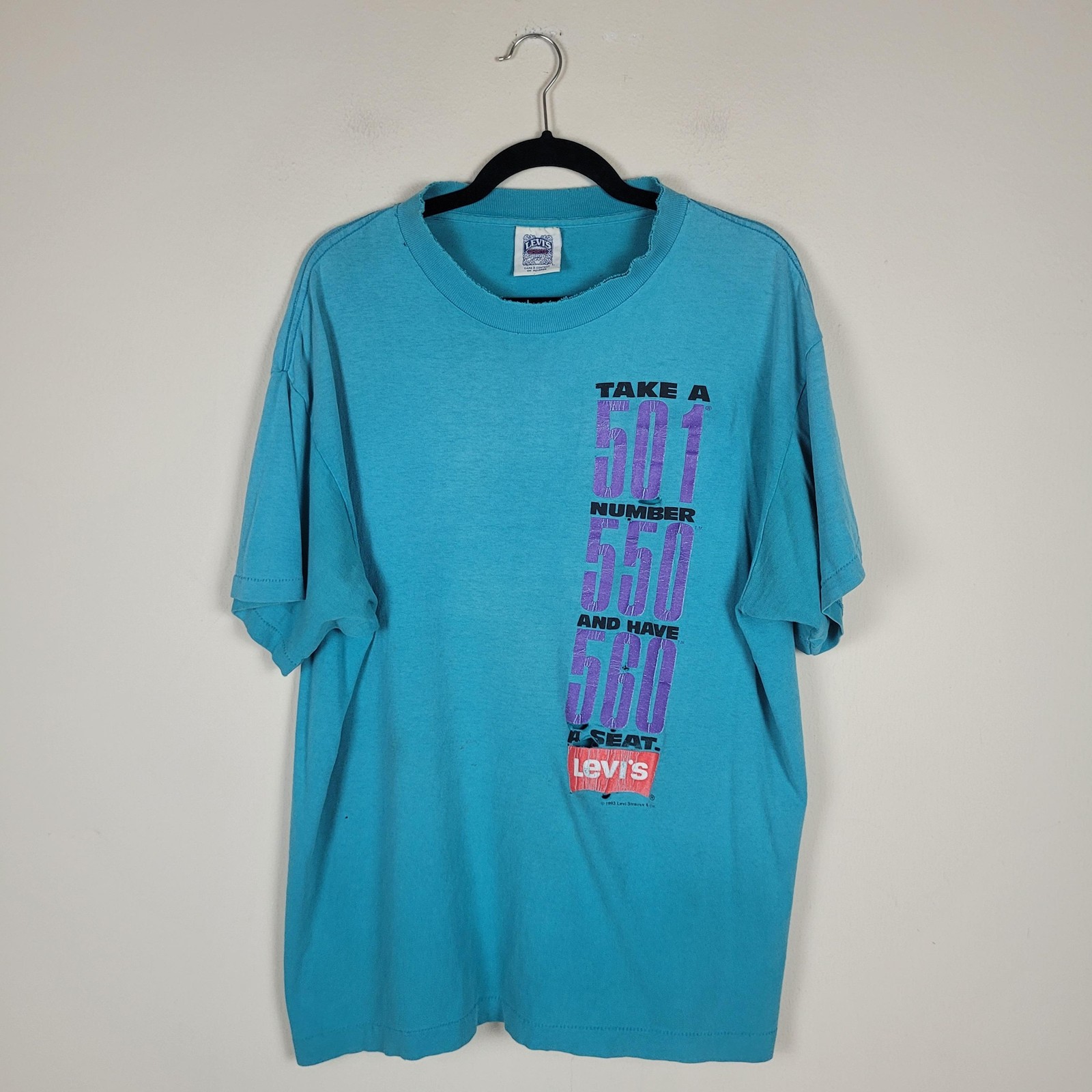 Vintage Levi’s T-Shirt Large Blue Teal Single Stitch Take A Number 501 1993 USA