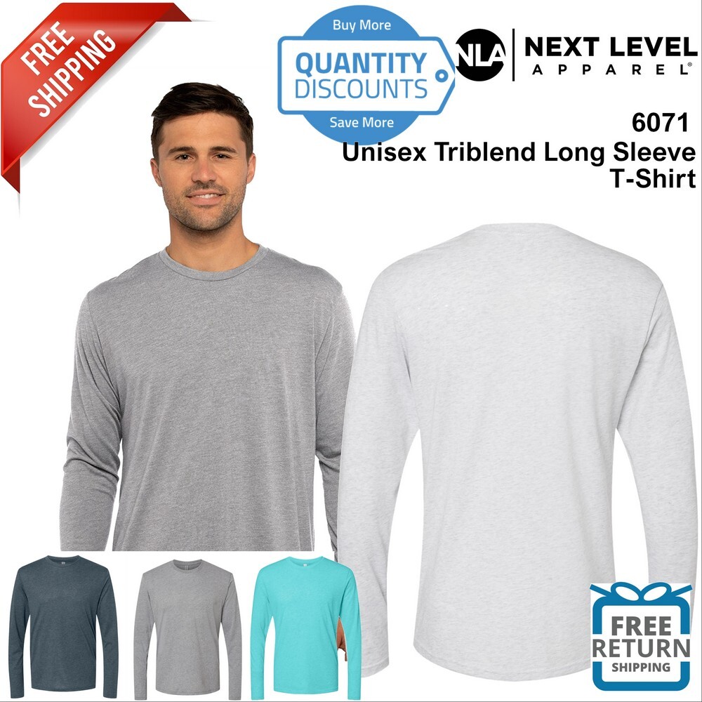 Next Level Mens Triblend Long Sleeve Crew T Shirt Blank Plain 6071 Up To 2XL