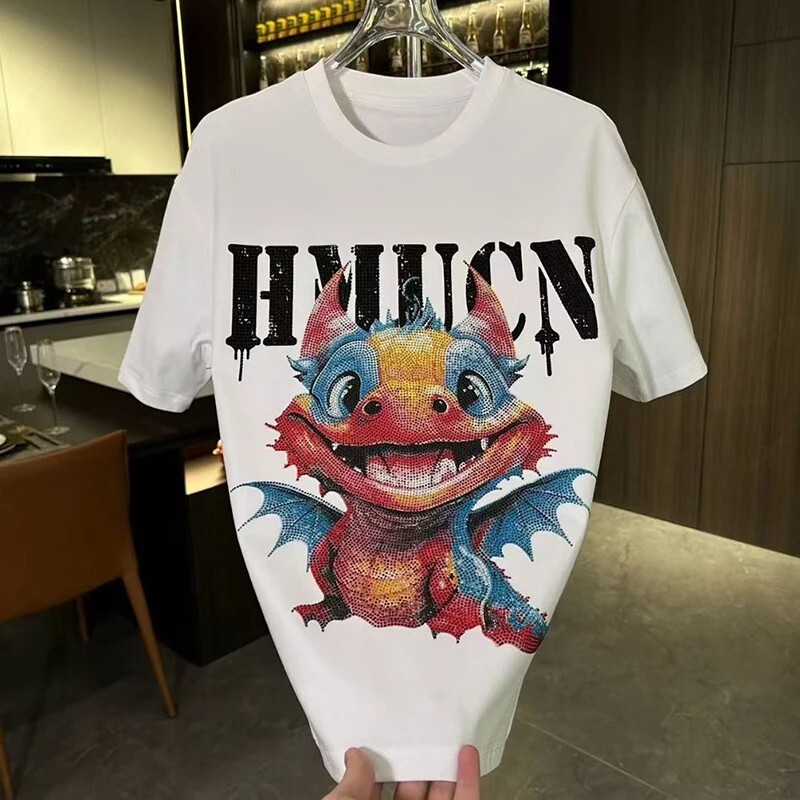 New Men Luxury Diamond Dragon Rhinestones Fashion T-Shirt High Quality 4 Colors