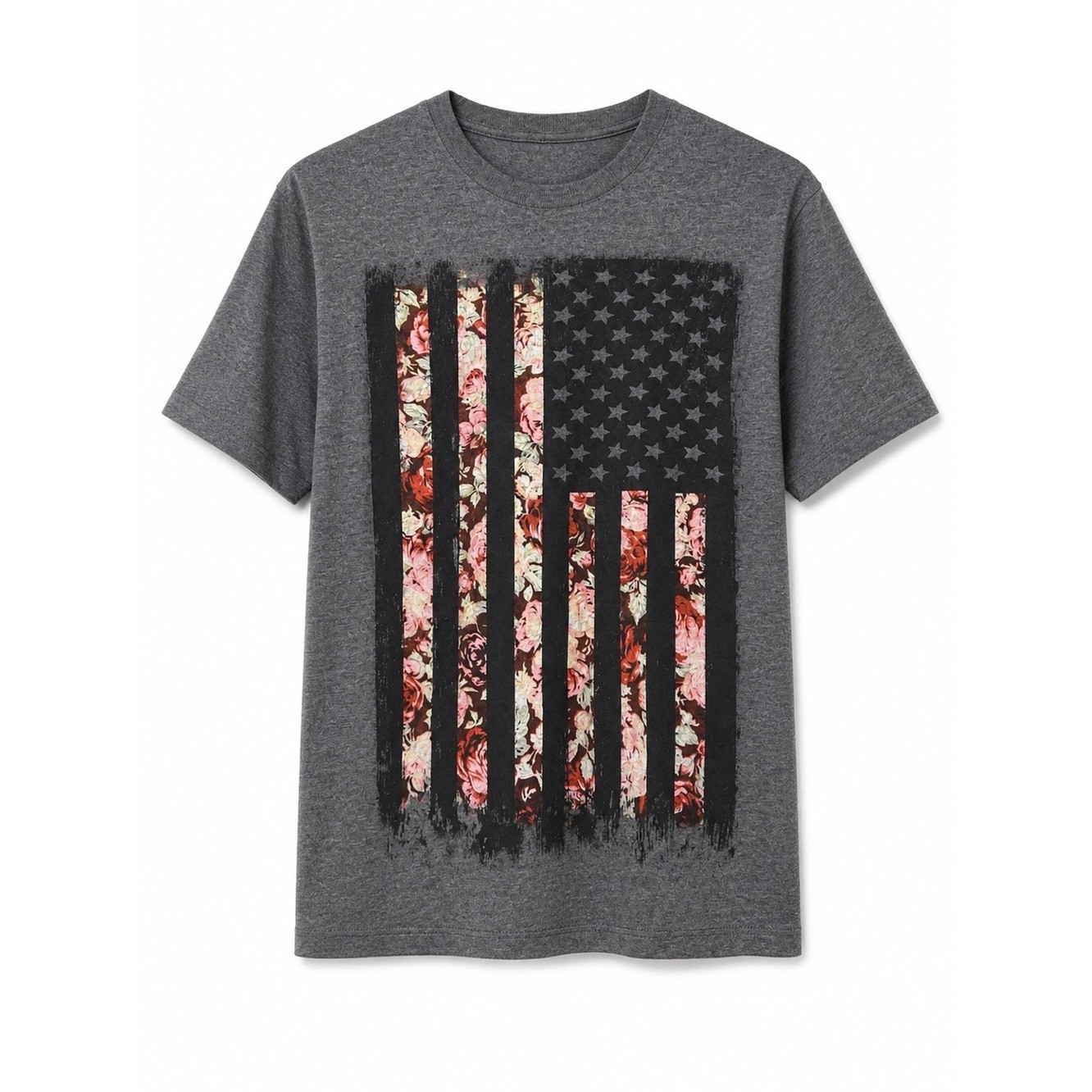 Floral American Flag Graphic Tee Gray Crew Neck Patriotic Grunge Streetwear M