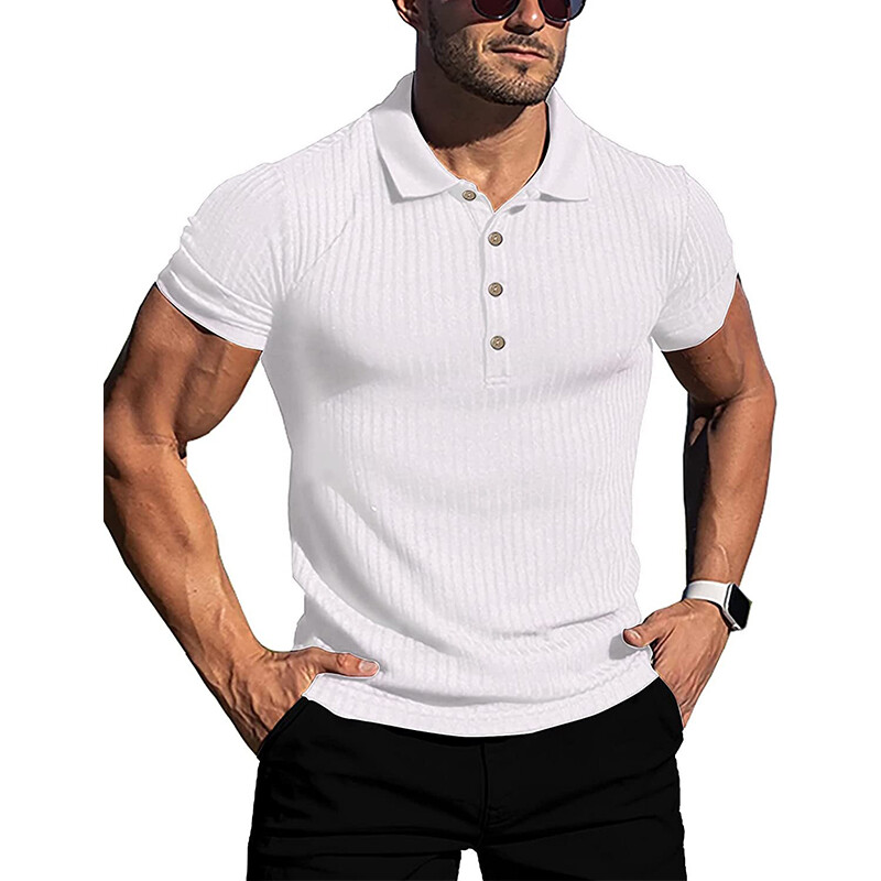 Men Ribbed Muscle Stretch Slim Fit Short Sleeve T-Shirt Summer Collar Casual Top