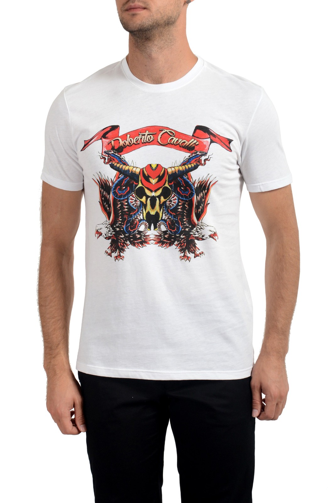 Roberto Cavalli Men’s White Graphic Print Crewneck T-Shirt US 2XL IT 56