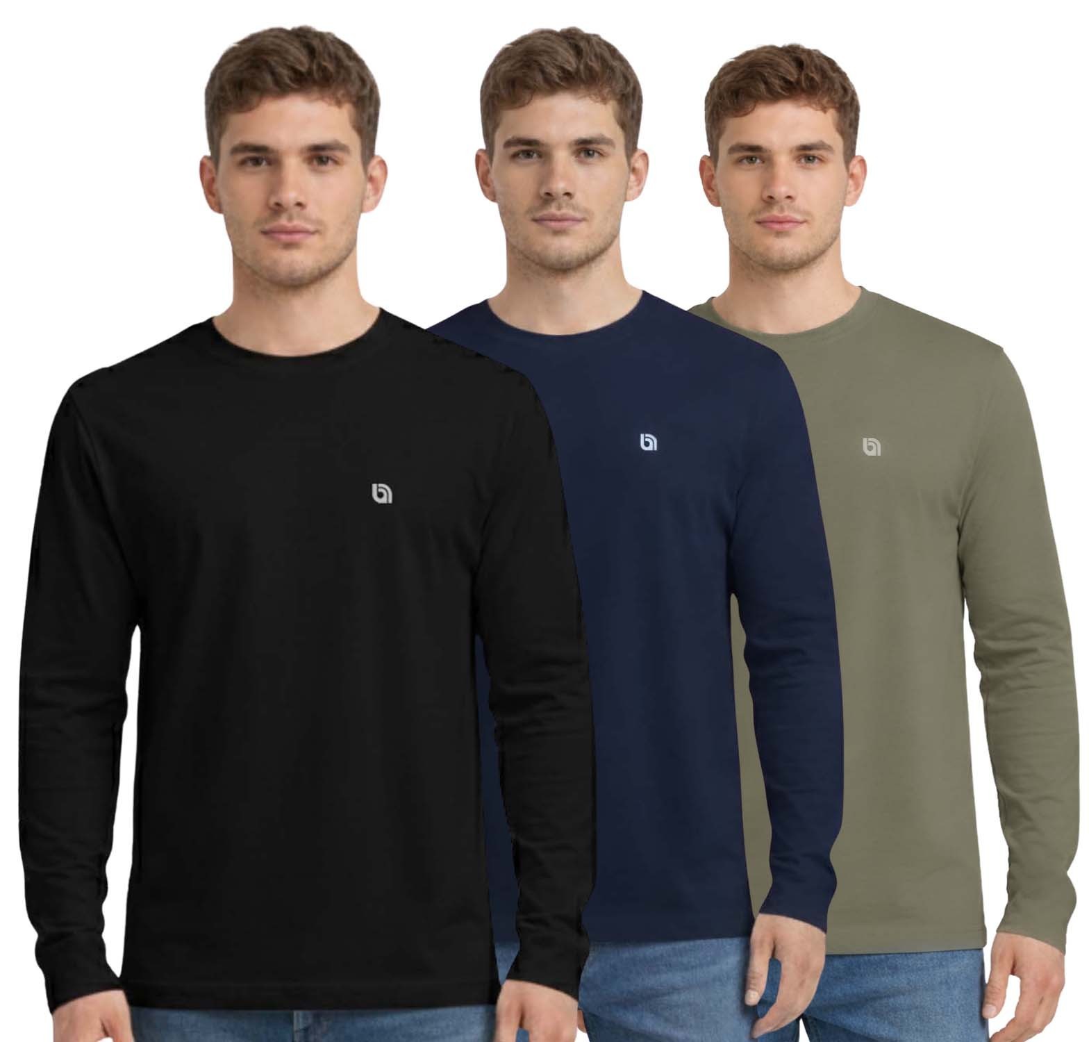 3 Pack Men’s Long-Sleeved T-Shirt Round Neck Tops for Men Soft Cotton S-3XL