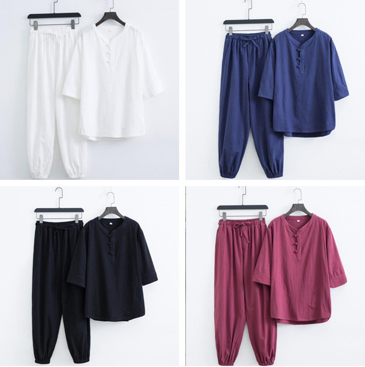 Men Cotton Linen Han Fu Summer Casual T-Shirt and Pants Outfits Sets Tang Suit