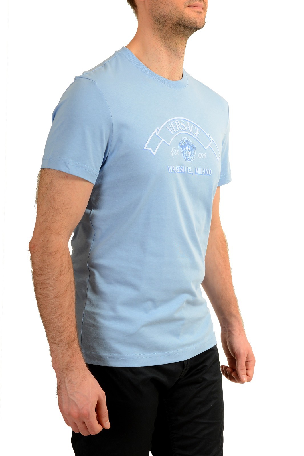 Versace Men’s Logo Print Blue Crewneck Short Sleeve T-Shirt US 4XL IT 60