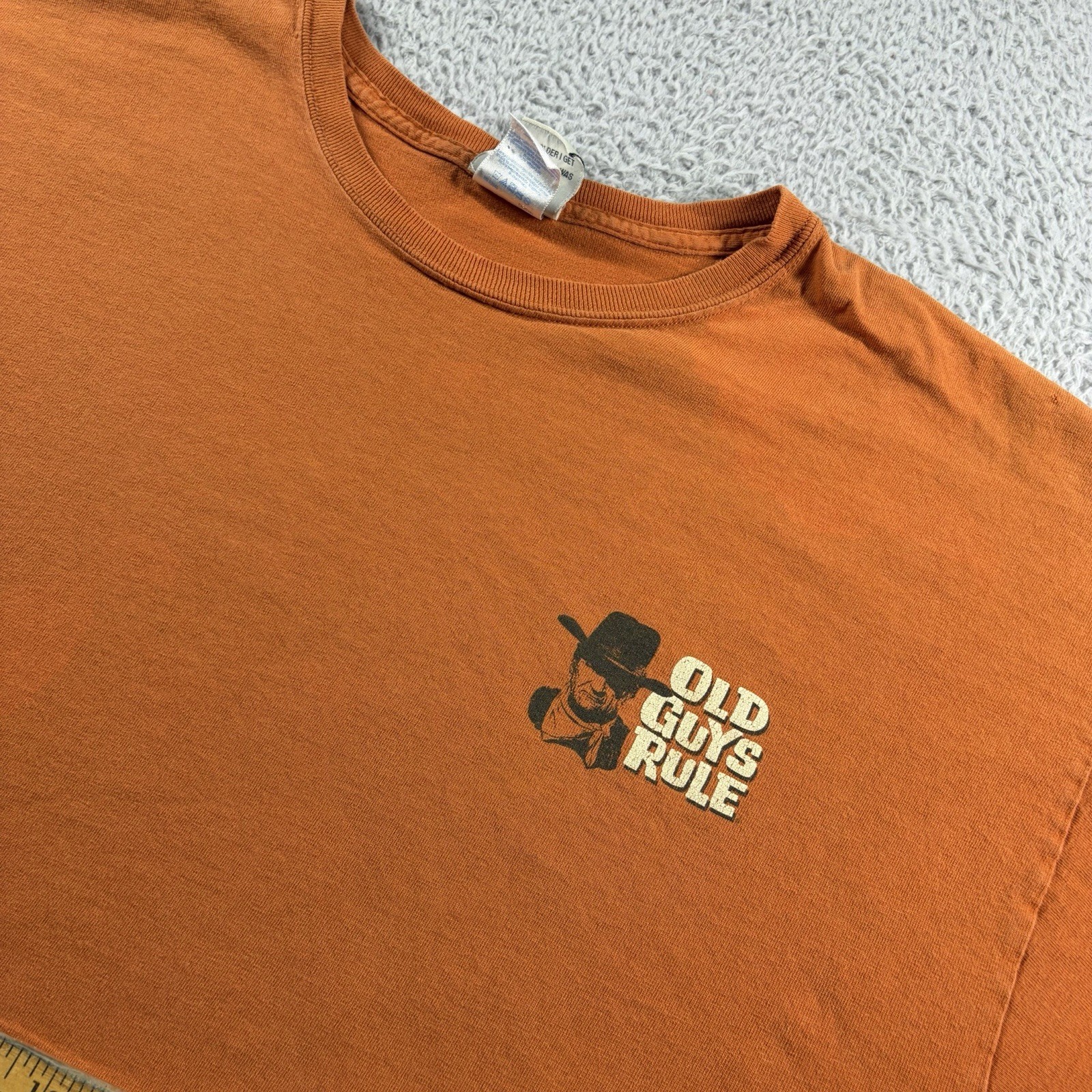 VINTAGE Old Guys Rule Shirt Mens XL Orange Double Sided John Wayne