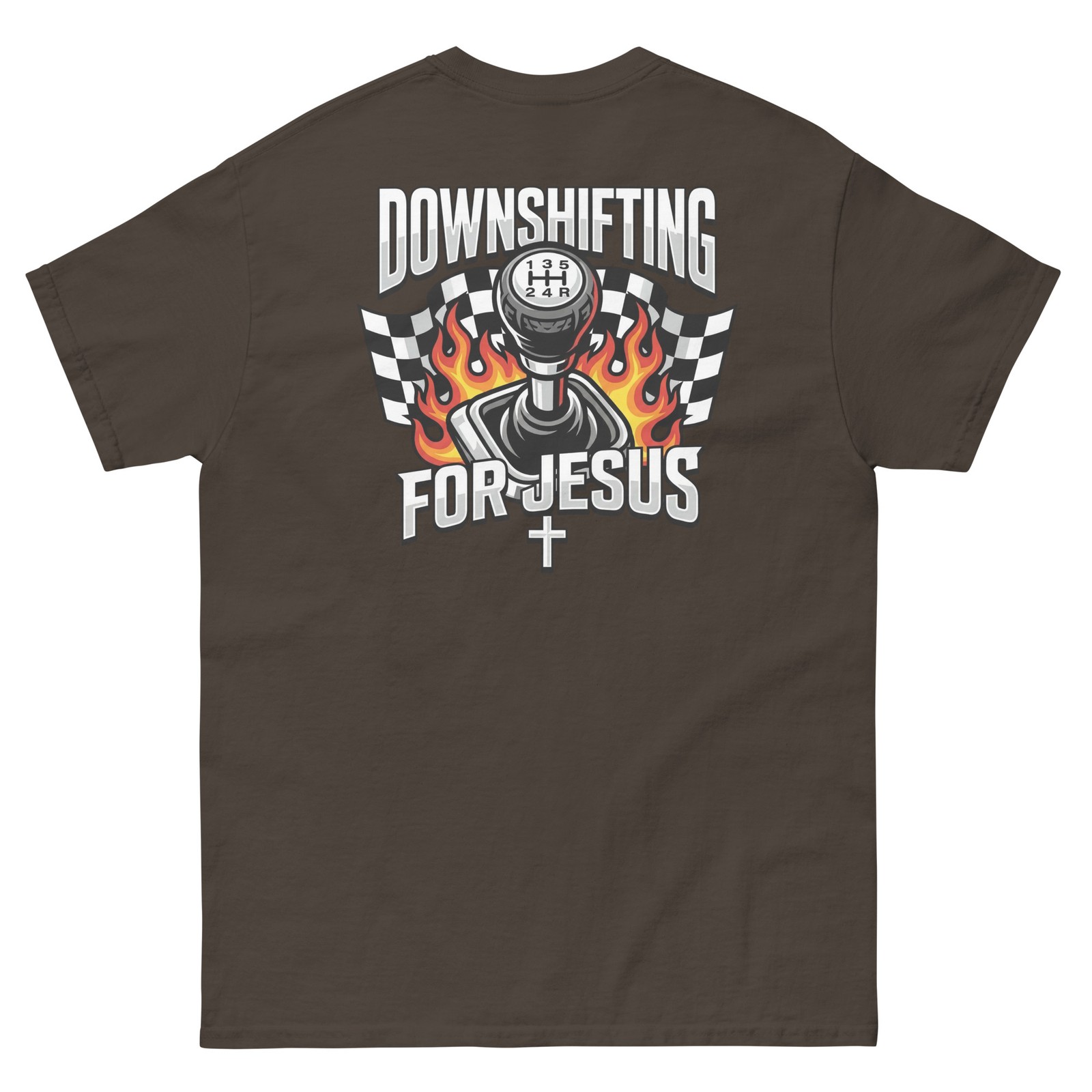 Downshifting for Jesus shifter flames checkered flag racing car racecar