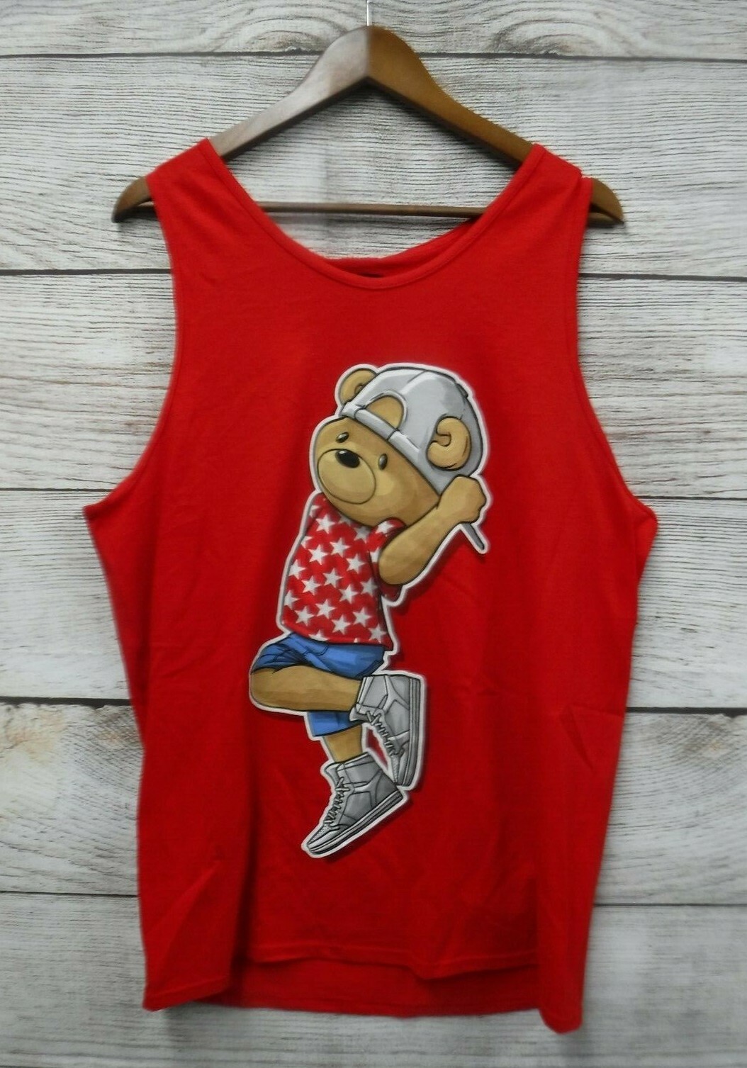 Hard Ten Shirt Mens Size Medium Red Hipster Star Bear Graphic Skinny Tank New