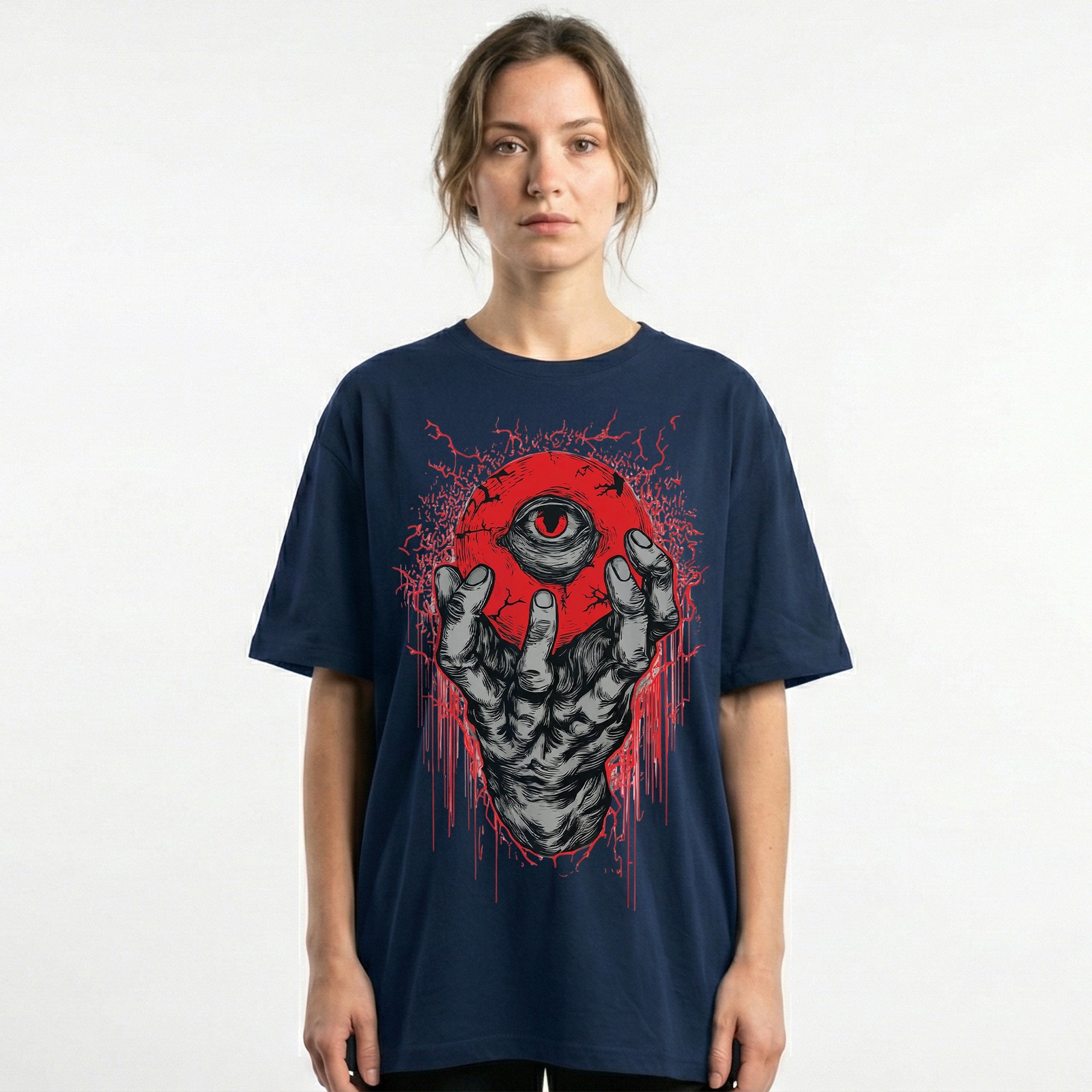 Demon Hand Holding Red Eyeball Horror Dark Gothic T-Shirt Occult Satanic Art Tee