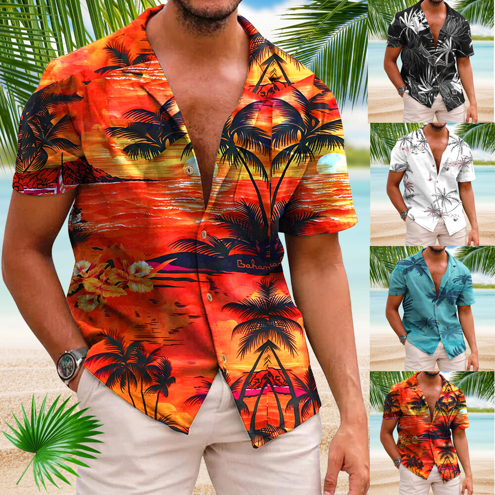 Hawaiian Shirt Mens Button Down Coconut Tree Print Beach Vacation Aloha Party