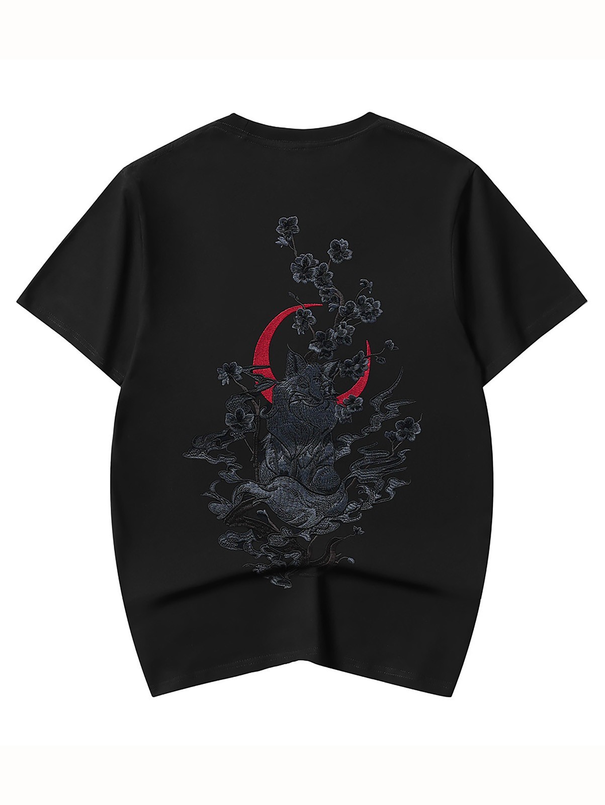 Niepce Dark Kitsune with Cherry Blossoms Embroidery Japanese Streetwear Tee
