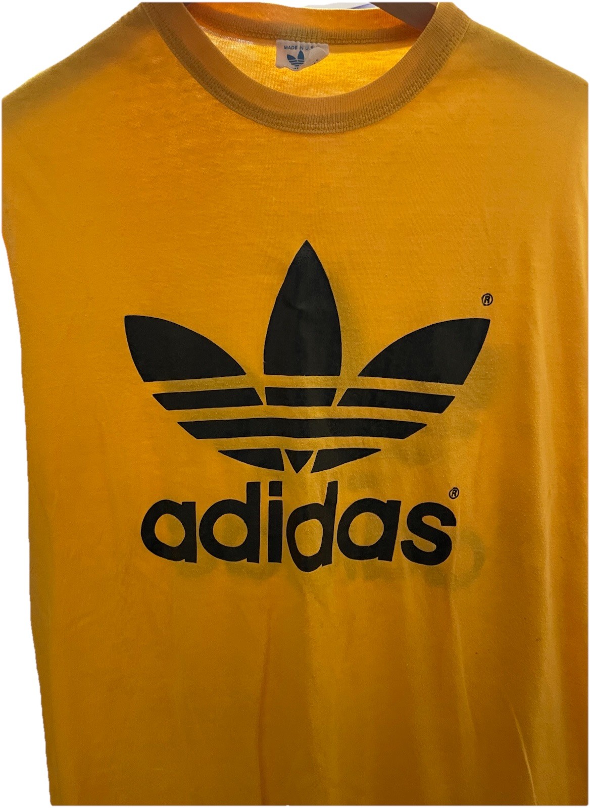 Vintage 80s ADIDAS Trefoil Logo Double Sided T Shirt 50/50 Mustard Yellow L/XL