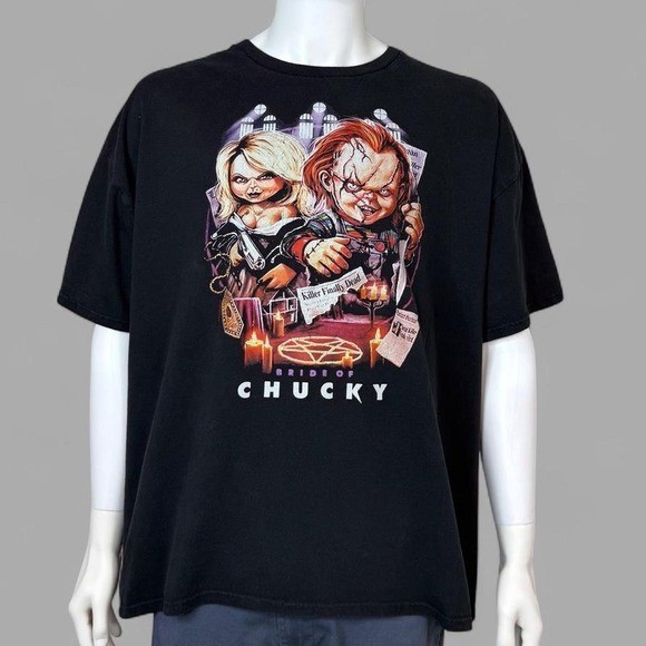 Bride of Chucky Horror Movie Graphic T-Shirt Mens Black Short Sleeve Tee