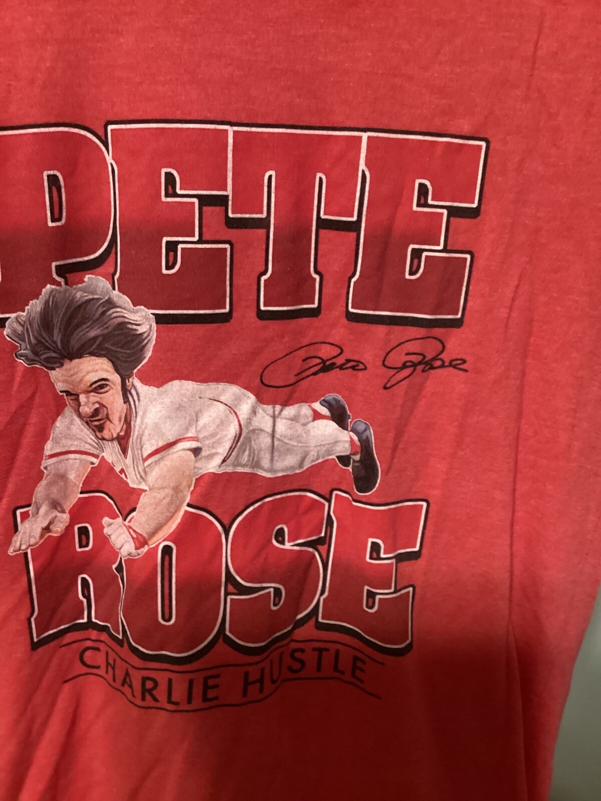Small Mens Pete Rose Cincinnati Reds Charlie Hustle retro soft baseball t-shirt