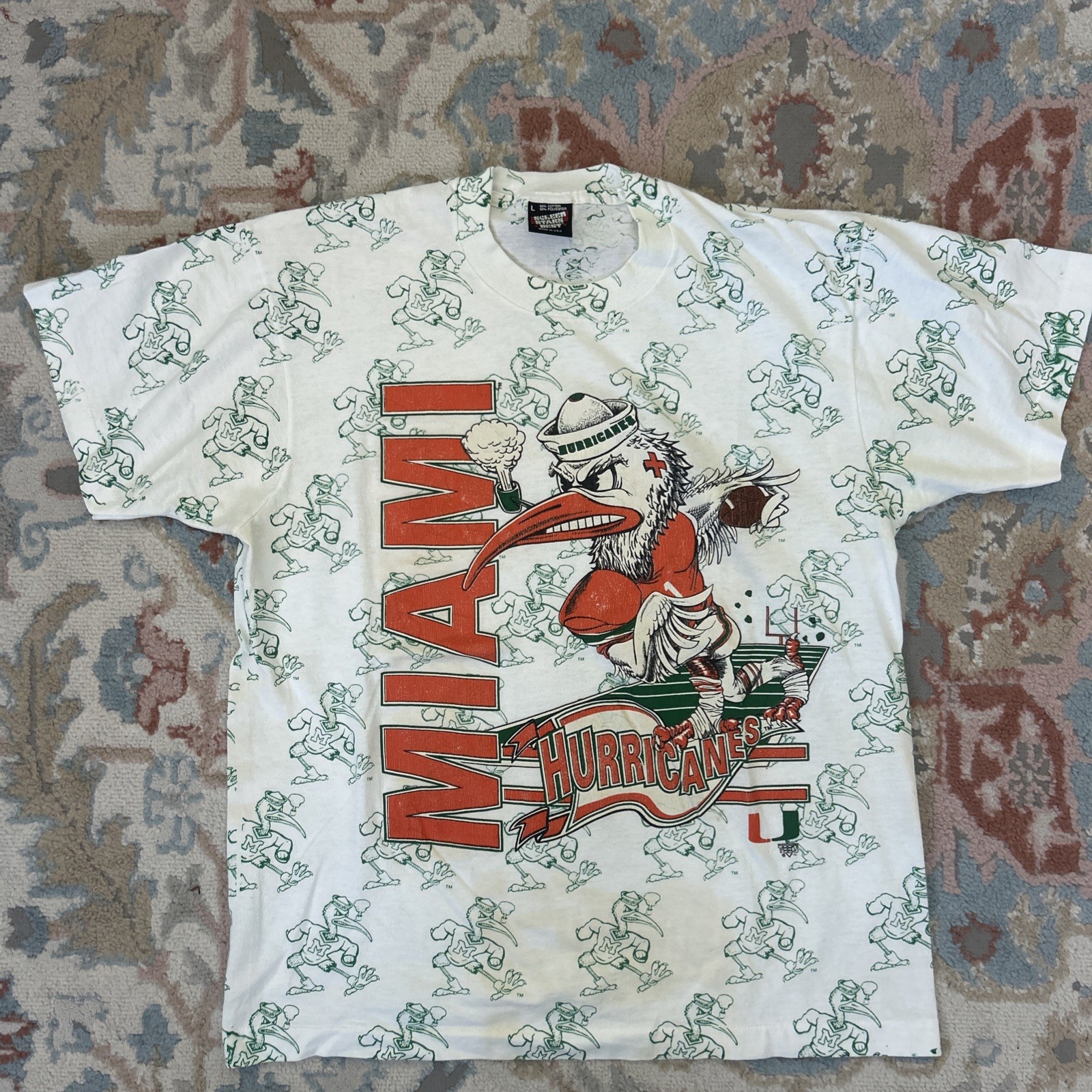 Vintage 80s Miami Hurricanes Football All Over Print Shirt Sz Large