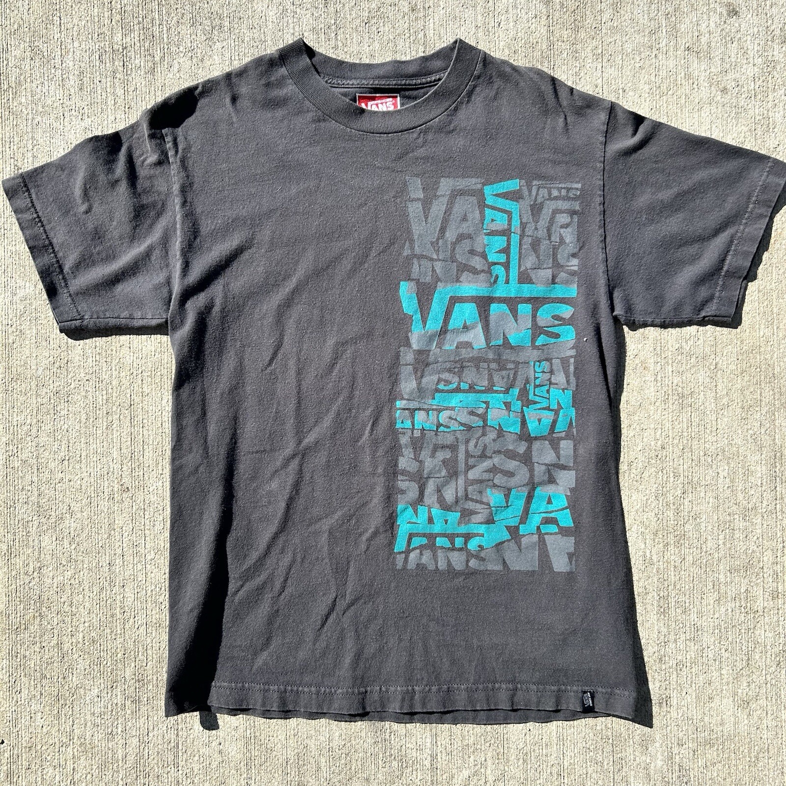 Vans T Shirt Men’s Medium Grunge Skater Logo Teal & Gray