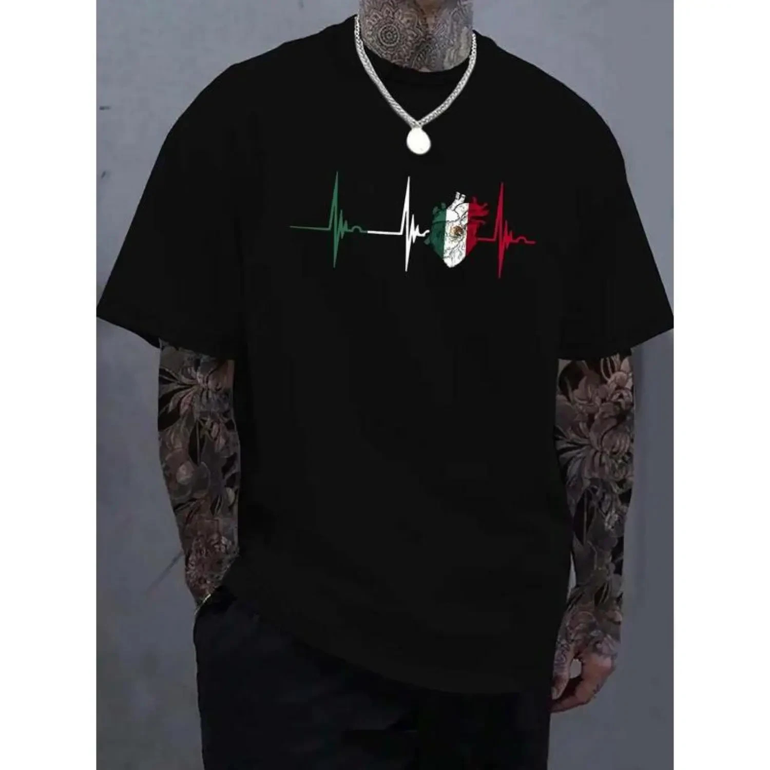 Mens Mexico Flag Heartbeat T-Shirt Casual Summer Round Neck Graphic Tee