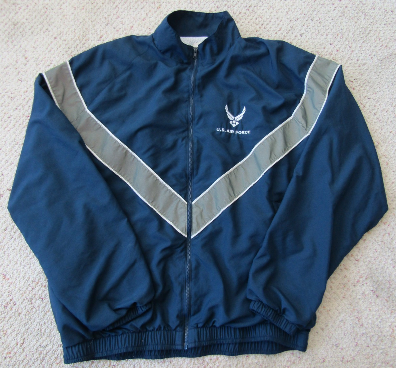 U S Air Force Jacket Blue with Stitched Letters and Silver Reflective Stripes L