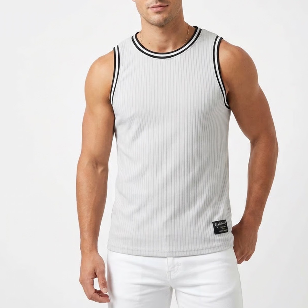 SHEIN Mens Grey Ribbed Tank Top Contrast Trim Graphic Patch Size M 10388