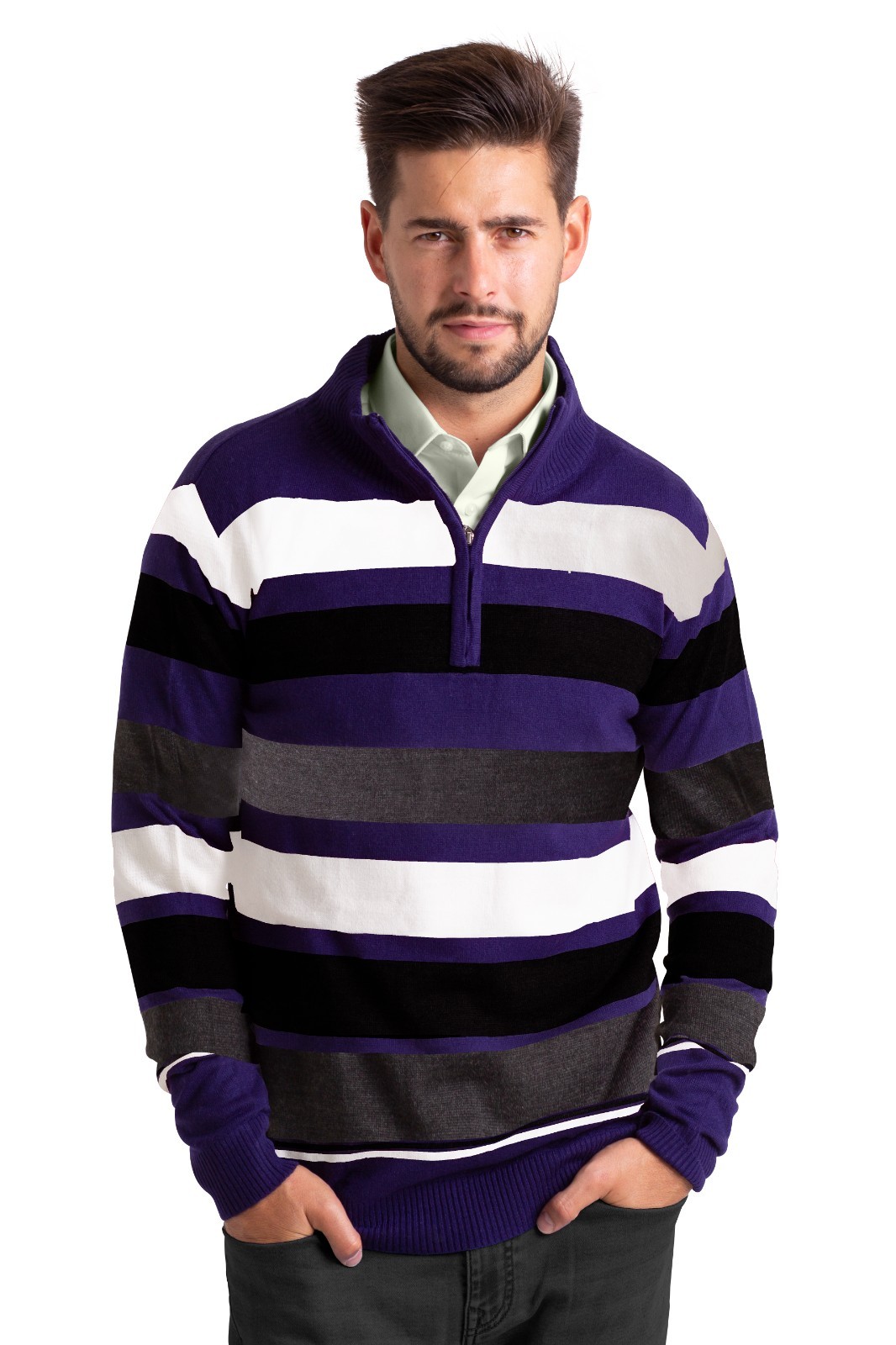 WESTACE Men’s Striped Quarter-Zip Sweater Casual Knit Pullover Jumper S-XXL