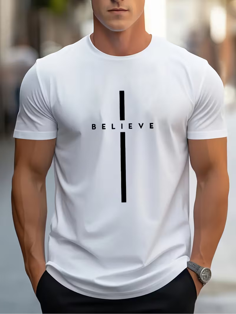 Men’s BELIEVE Pattern T-Shirt- Black with White Print, Regular Fit Casual Summer