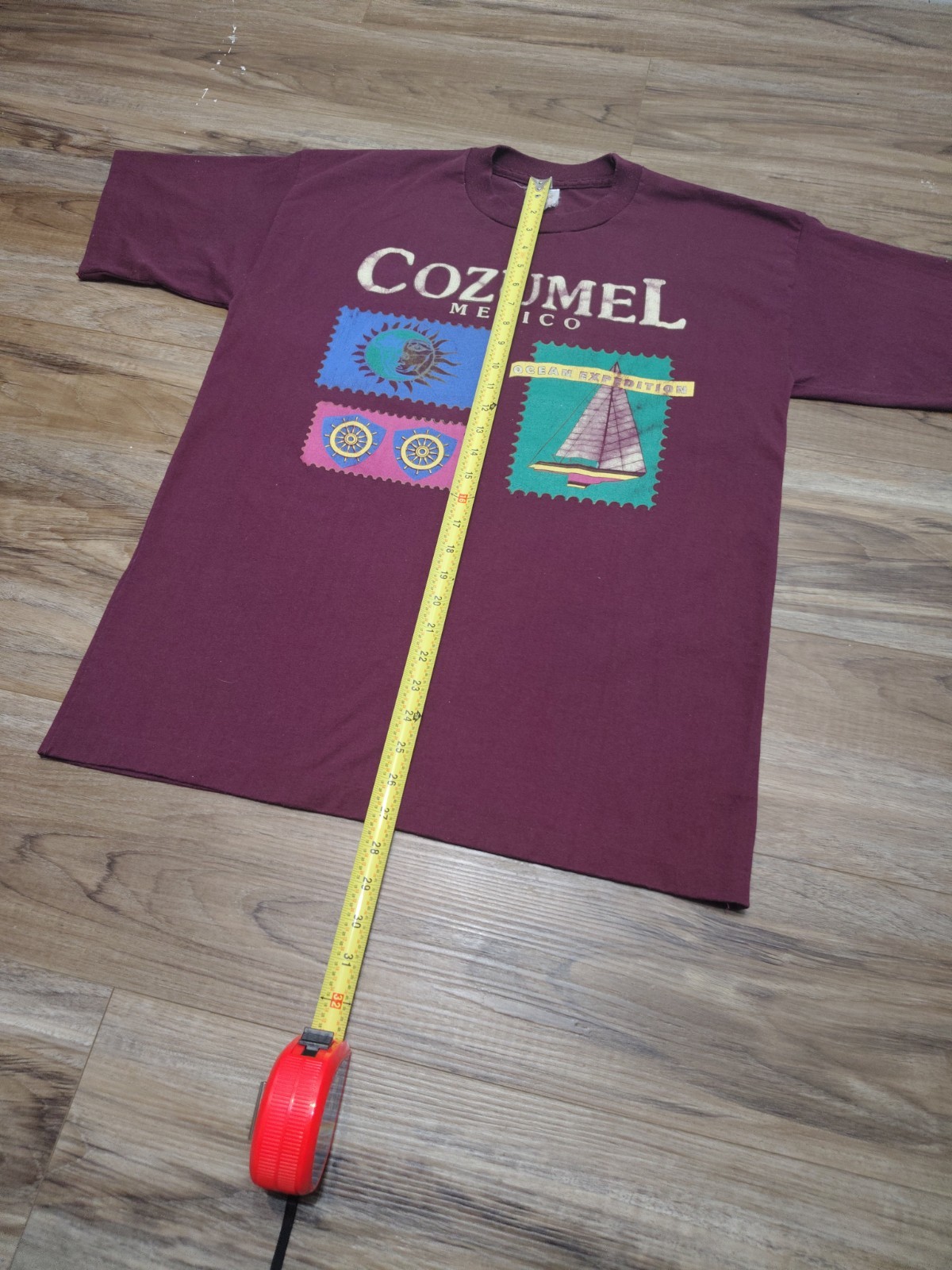 Vtg Cozumel Mexico Single Stitch Graphic Tee Sailboat Sun Stamp Tourist Maroon L
