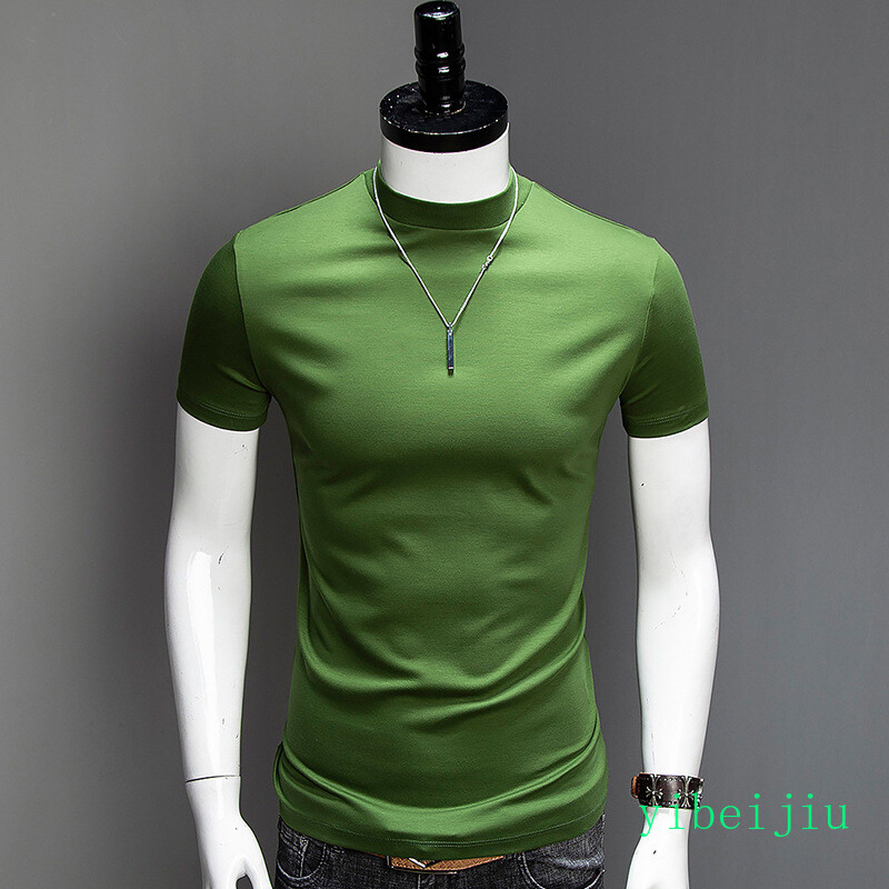 Mens Summer Half High Collar Silk Cotton Short Sleeved Slim Fit Shirts Comfort