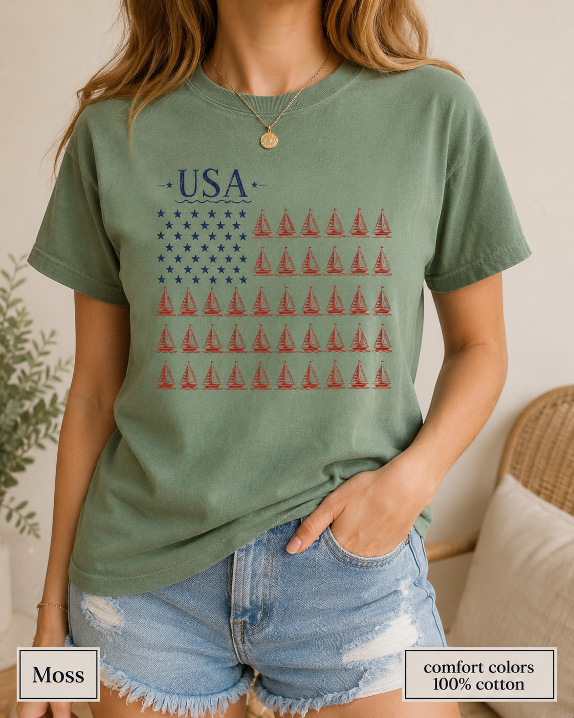 USA Sailboat Flag Comfort Colors Tee, Patriotic Coastal Fourth of July Shirt