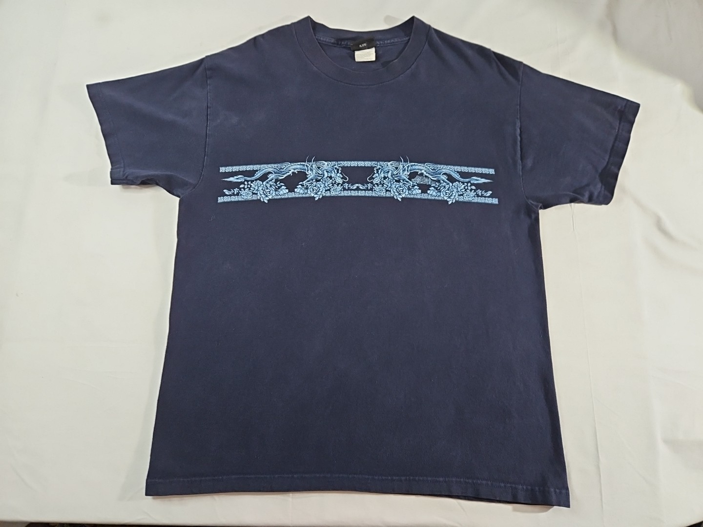 Vintage No Fear Dragon Shirt Mens L Blue Made USA Graphic 90s Skate Y2K 21.5×28