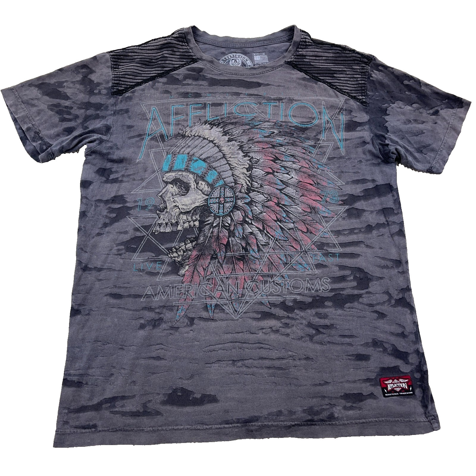 Affliction Shirt Men Medium Gray American Customs Indian Chief Tattoo MMA Live