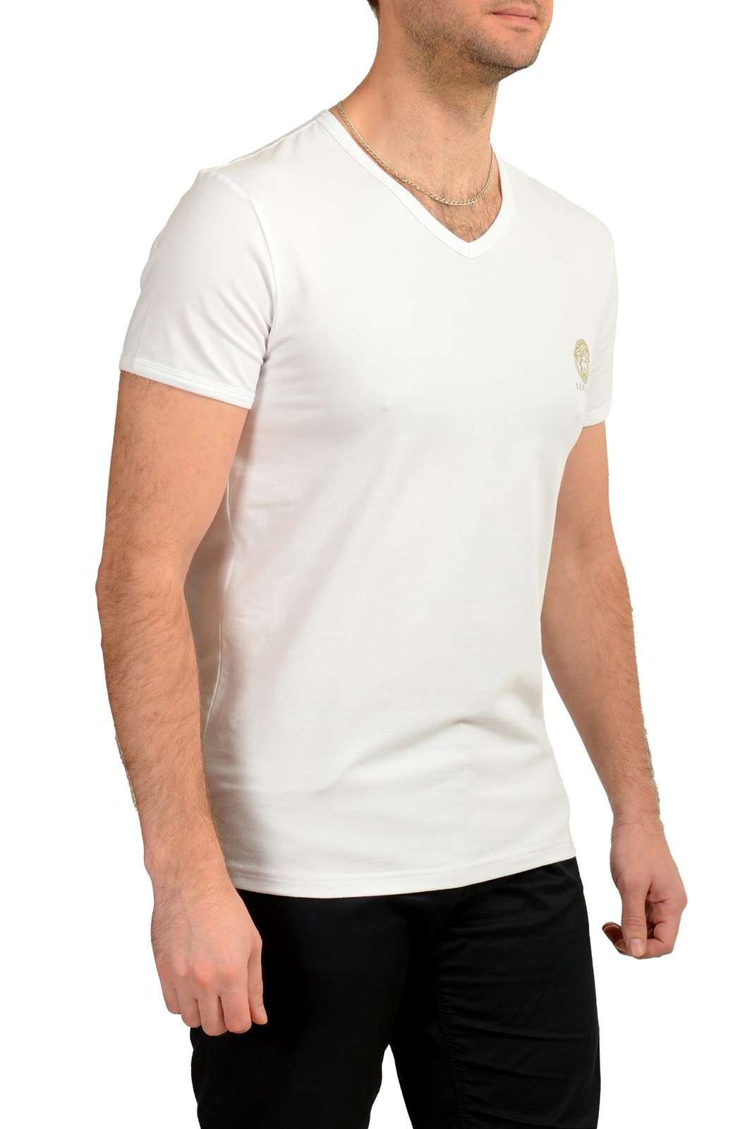 Versace Men’s White Gold Medusa Print V-Neck T-Shirt Versace sz 3 US XS IT 46