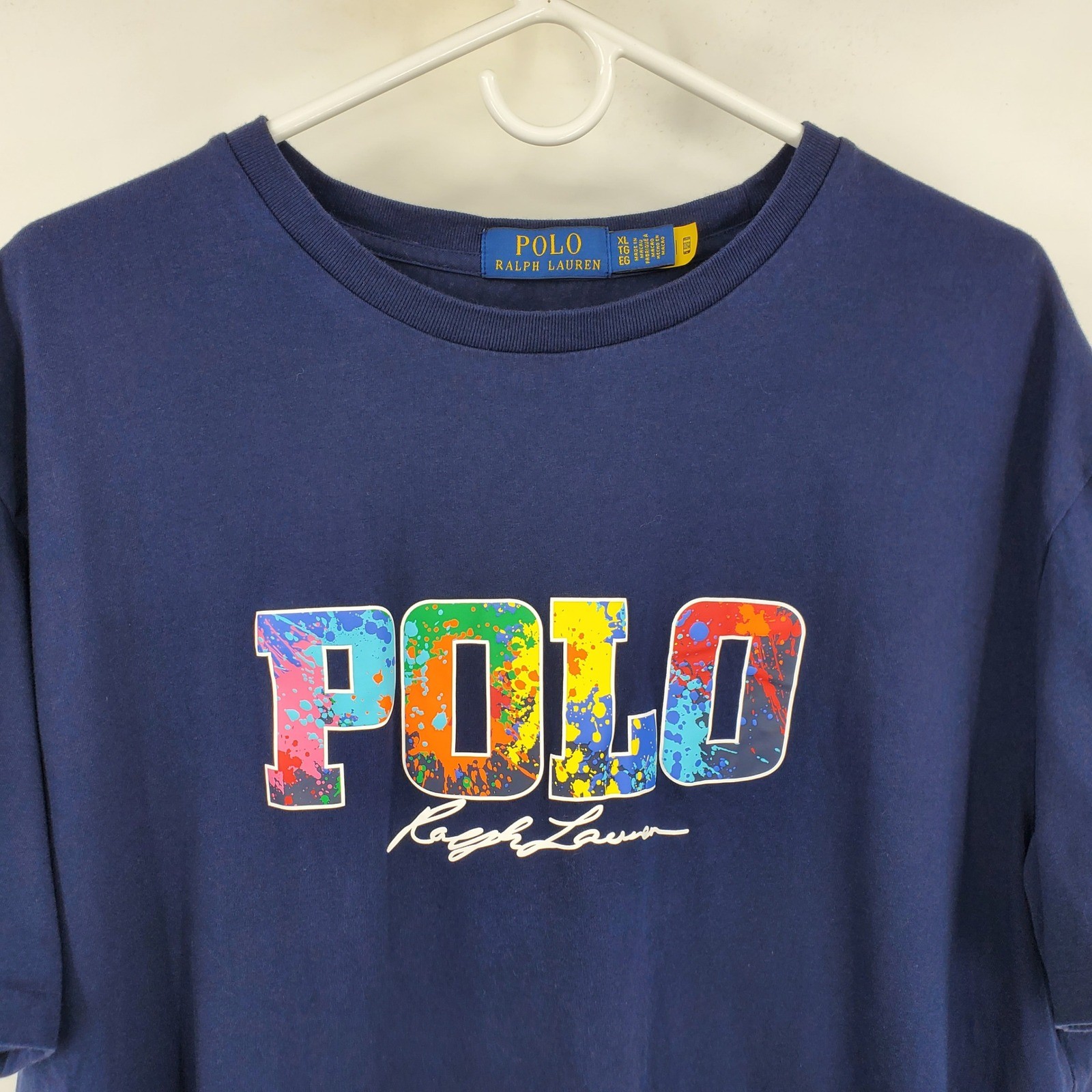 Polo Ralph Lauren Mens XL Navy Blue Paint Splatter Graphic Logo T-Shirt Cotton