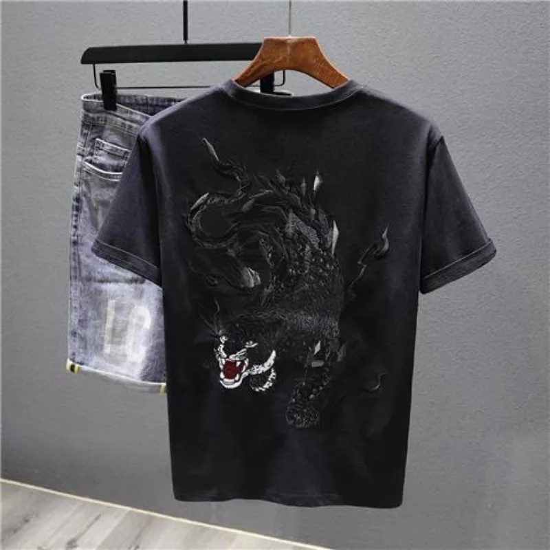 Men’s Panther Embroidery Short Sleeve T-Shirt Urban Streetwear Casual Tee