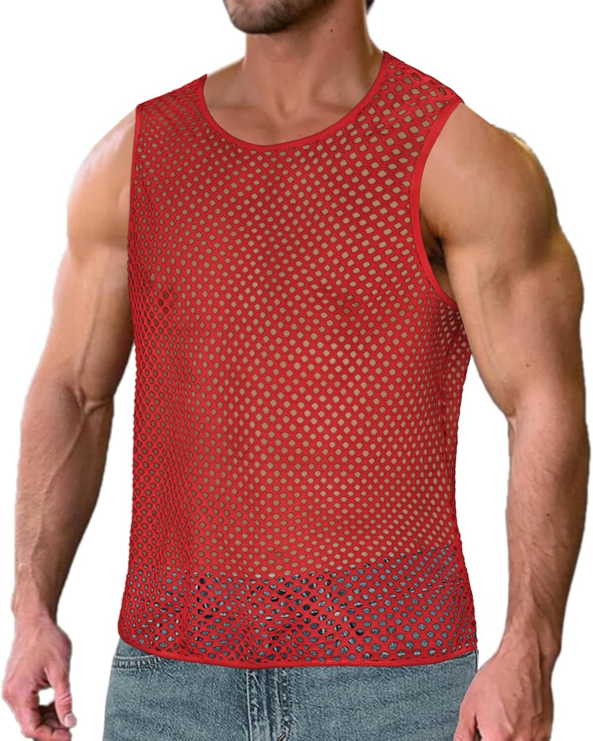 Men’s See Through Mesh Muscle Tee Fitted Sleeveless Clubwear Top Breathable