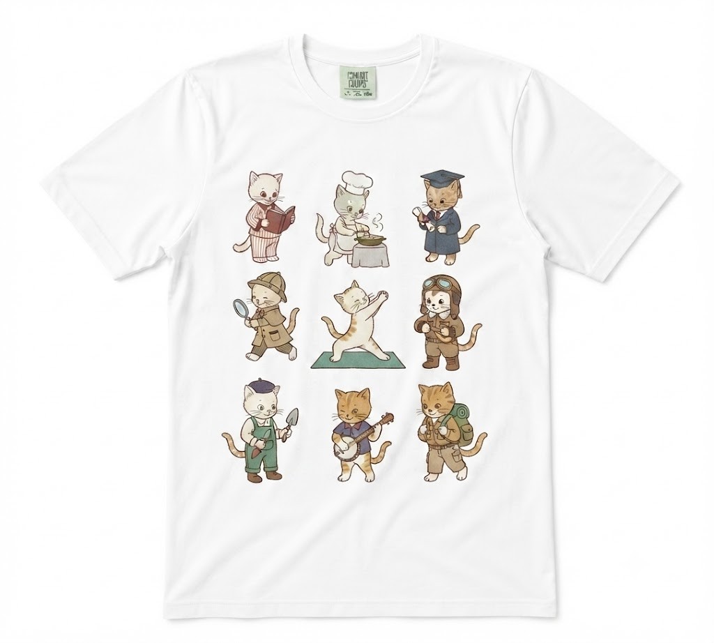 Cats At Work Vintage 90s White T-shirt