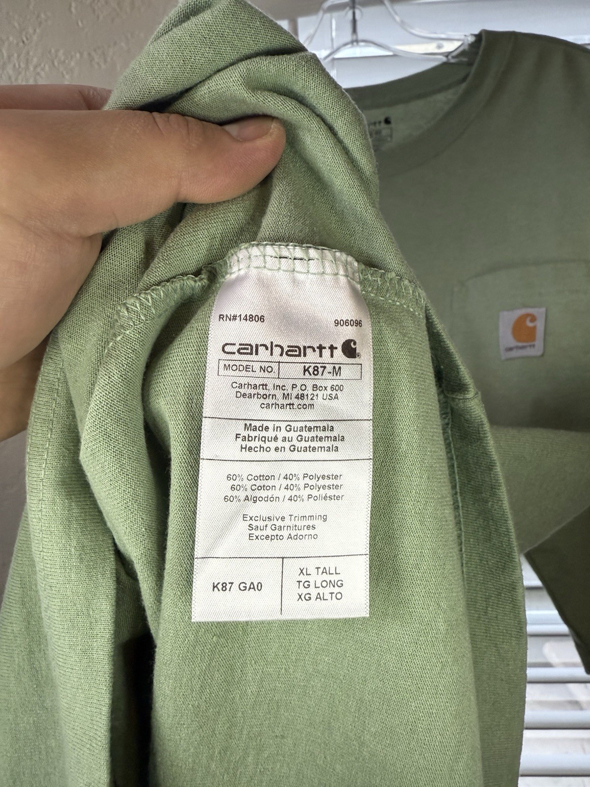 Carhartt K87-M Men’s XL Tall Green Loose Fit Pocket Logo Crewneck Tee