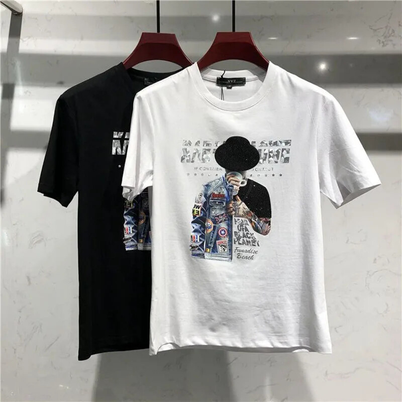 New Men Luxury Rhinestones Fashion Black White T-Shirt High Quality