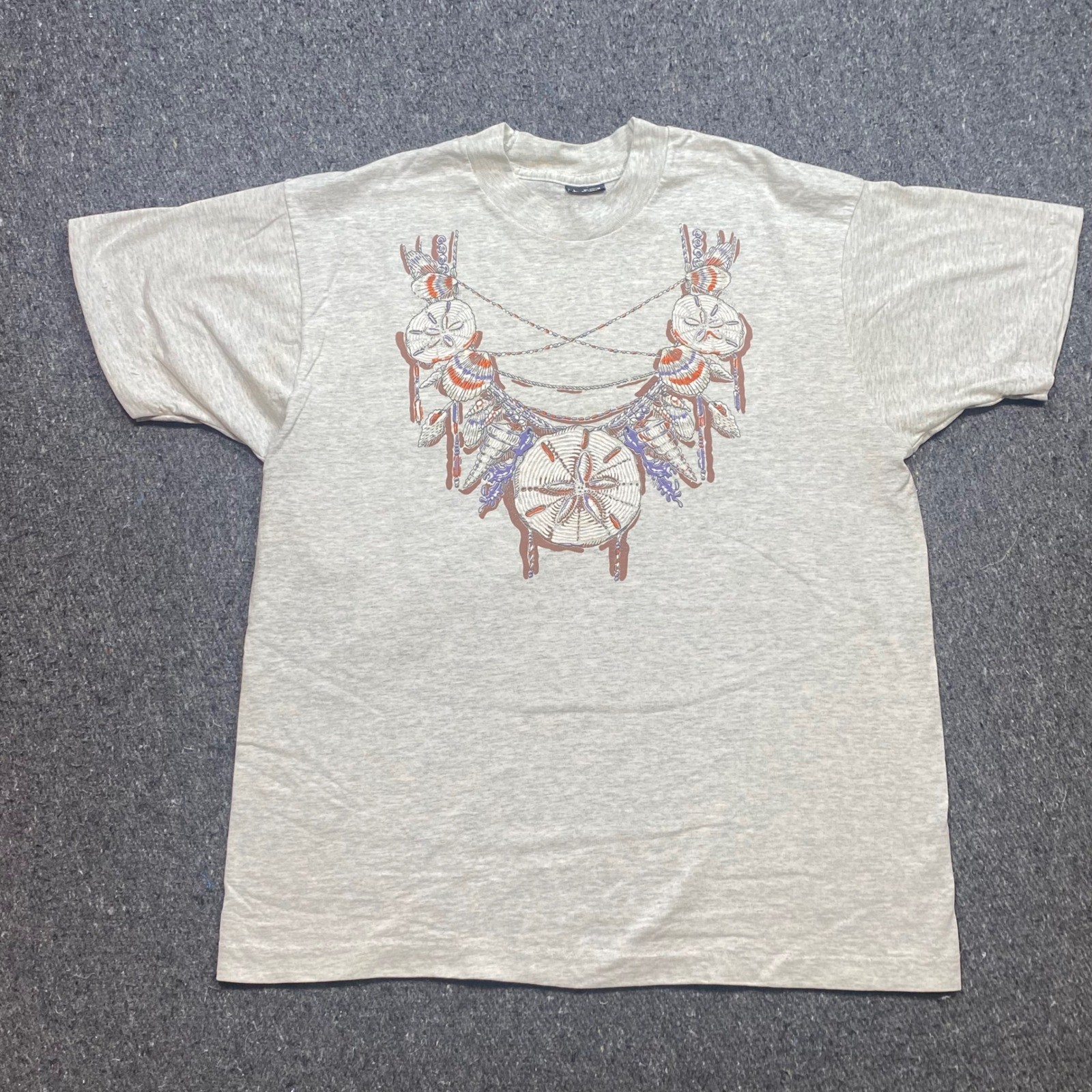 TShirt Sz L Mens Grey Boho Beach Sand Dollar Shell Graphic Retro 90s Coastal