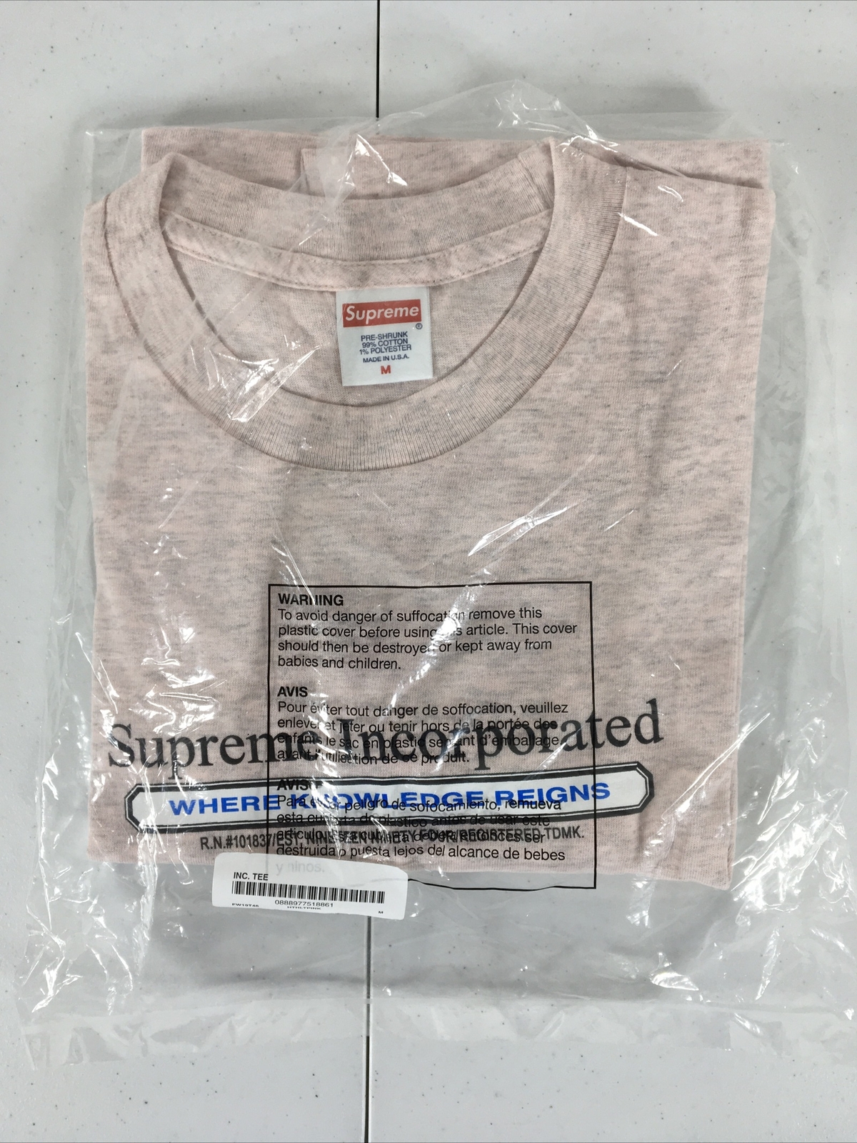 Supreme Inc. Tee in Heather Light Pink M Med FW19 Deadstock/ knowledge reigns