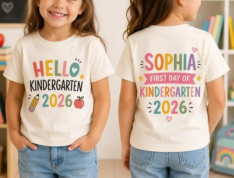 Kindergarten Shirt, First Day Of School Girl Tee, Custom Name Back To School Tee