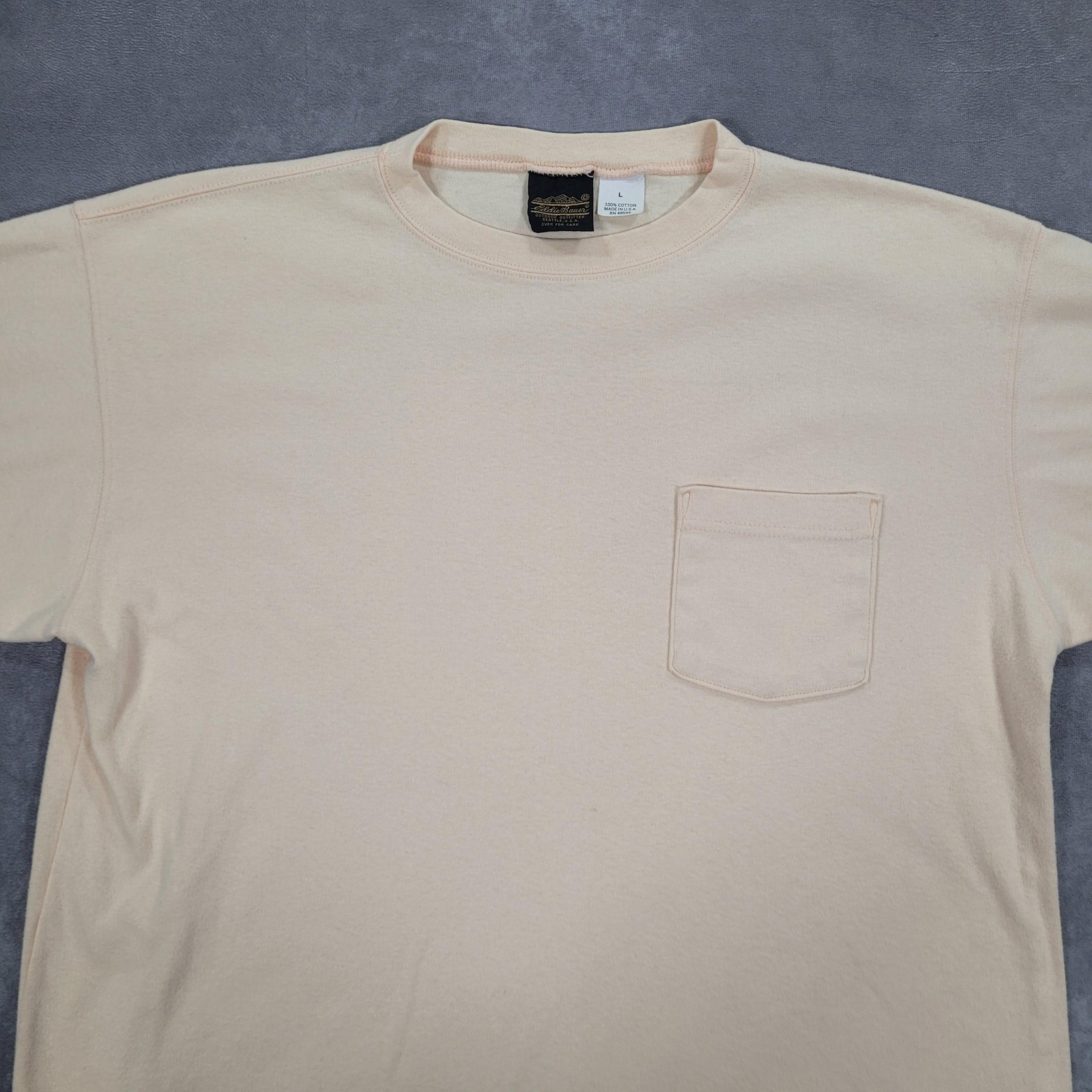 Vintage Eddie Bauer Shirt Mens Large Beige Made USA Pocket Basic Boxy Minimalist