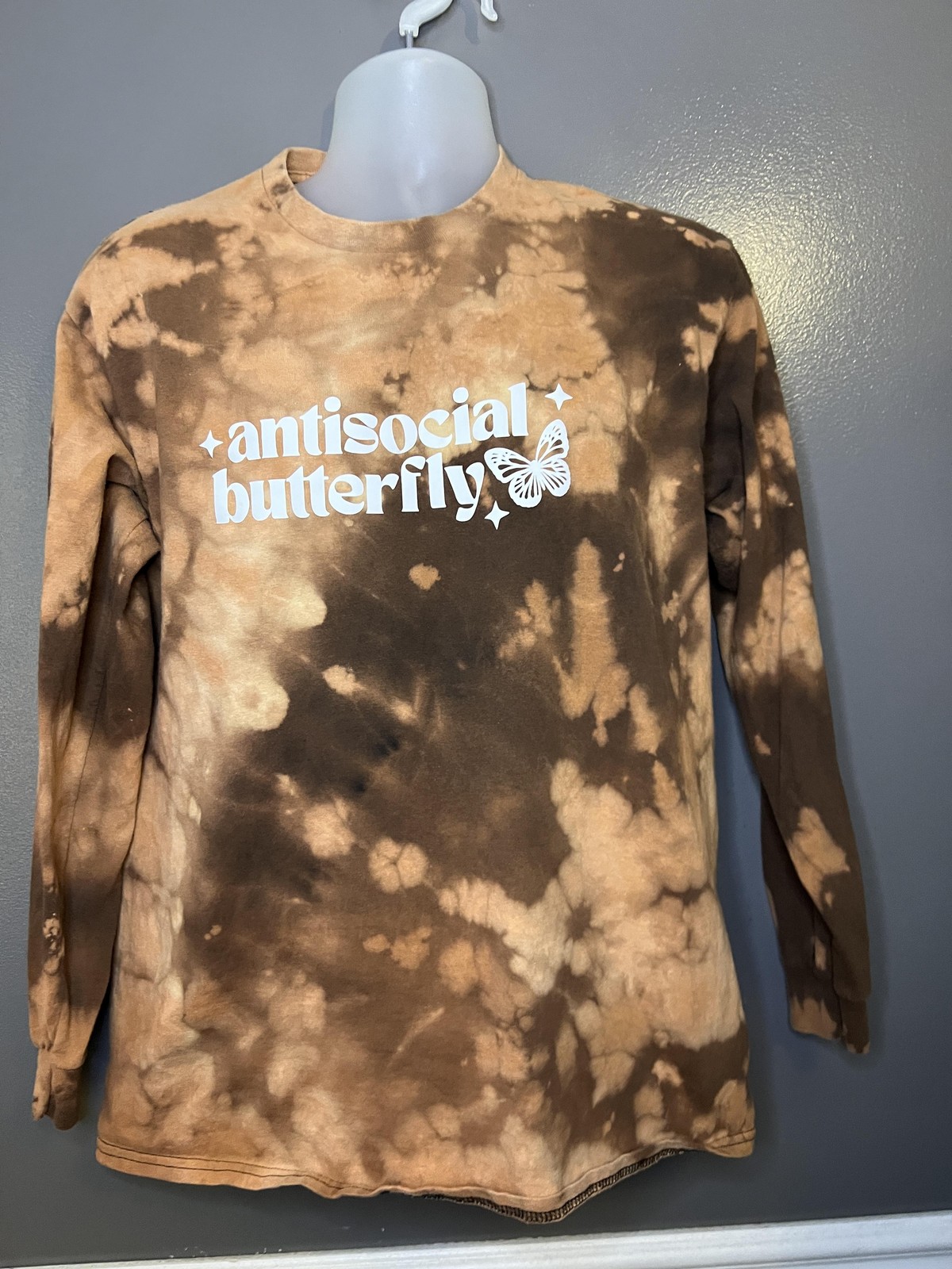 Antisocial Butterfly Long Sleeve Tee Shirt Mens Large Brown Tie Dye Boho Gildan