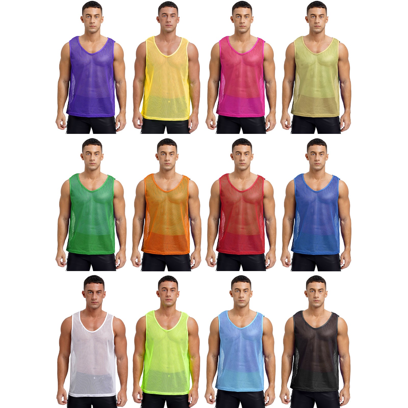 Mens Tops Training Vest Hollow Out T-shirts Round Neck Athletic Sheer Tank Sexy