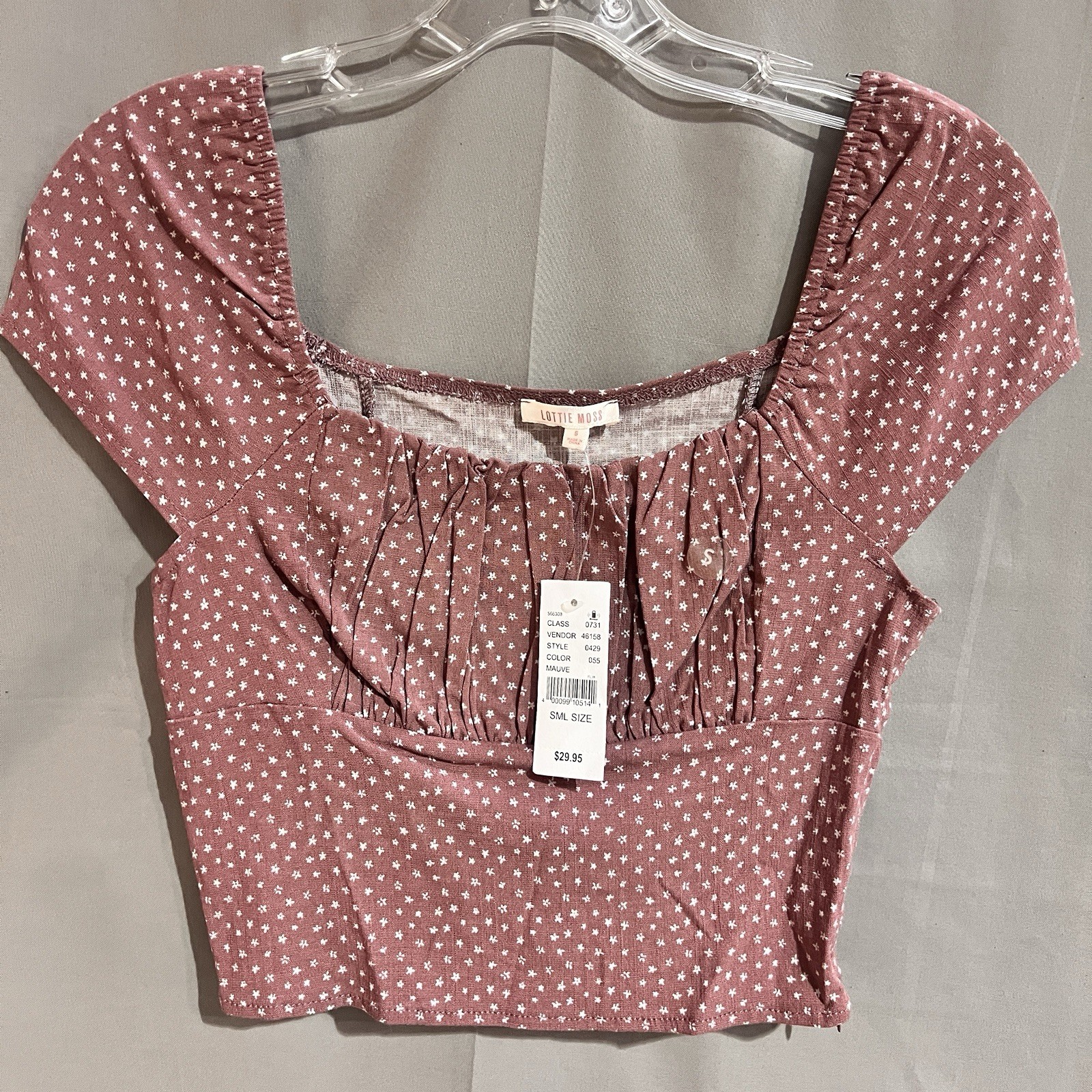 Lottie Moss NWT mauve floral square neck crop top Size S Coquette Boho TG2067