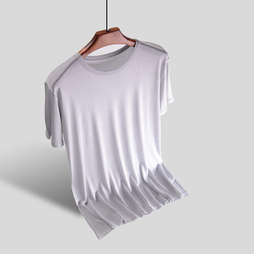 Men’s Silk T-Shirt Knitted Crew Neck Short Sleeve Summer Casual Top Soft