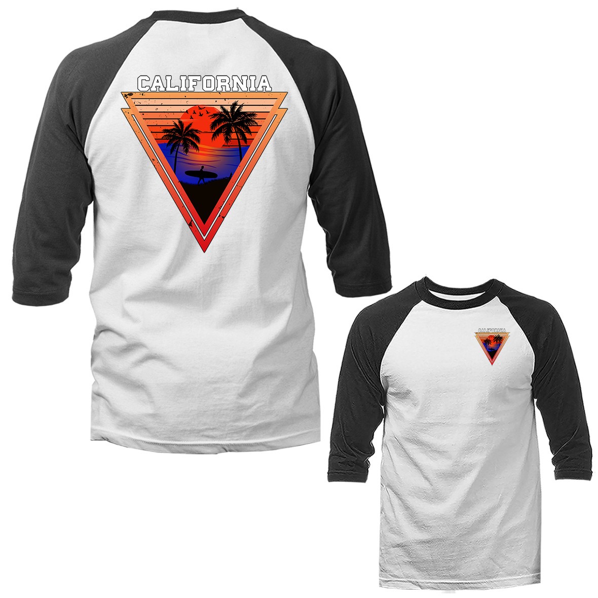 California Sunset Surf Palm Tree Triangle Graphic 3/4 Sleeve Raglan