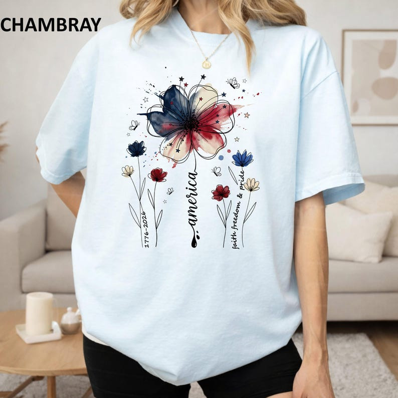 Comfort Colors American Floral Shirt Patriotic Wildflower USA 250th Tee